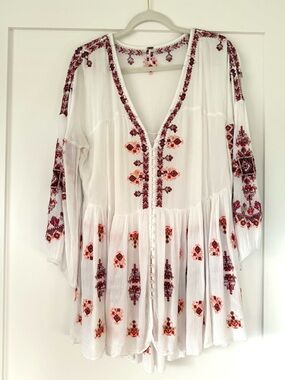 Free People Ivory oversized Tunic with Red & Orange Embroidery M